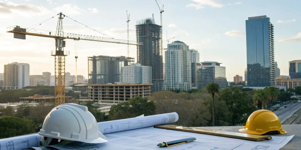 Blueprints for a commercial building permit in Orlando on a construction site with the city skyline.