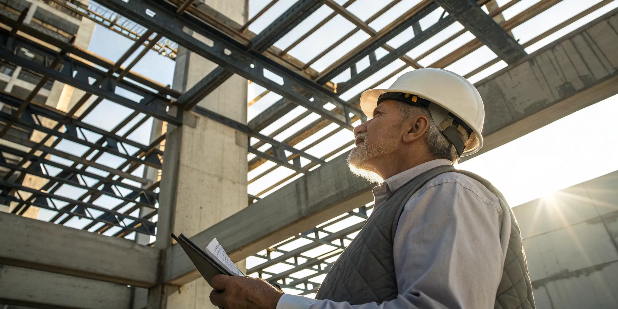 Inspector checking a building's structure for compliance during a 40-year building inspection.