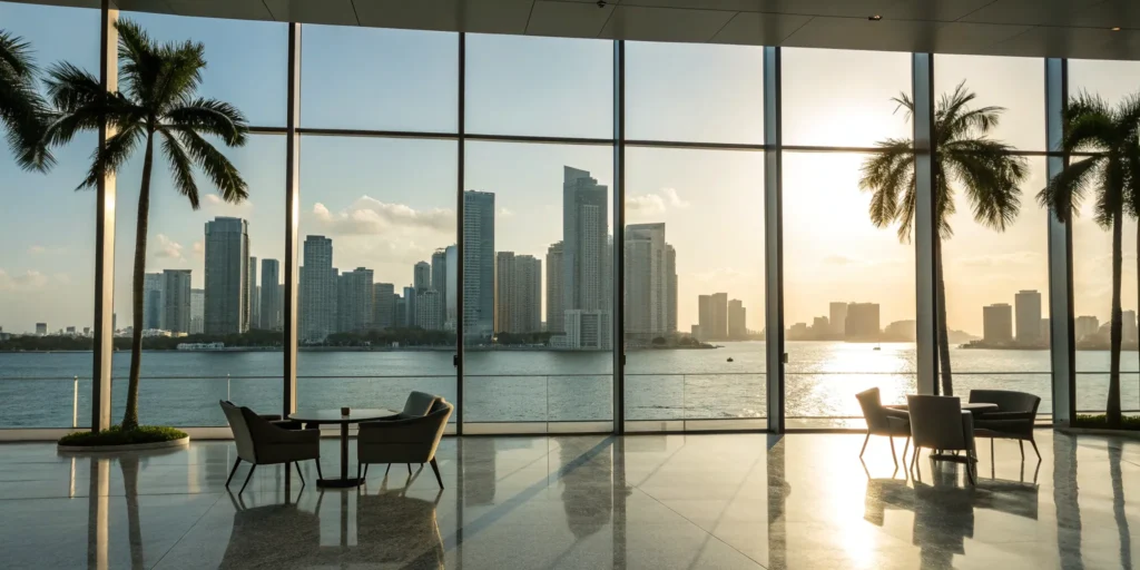 Modern Miami-Dade office with a Certificate of Use overlooking the city skyline at sunset.