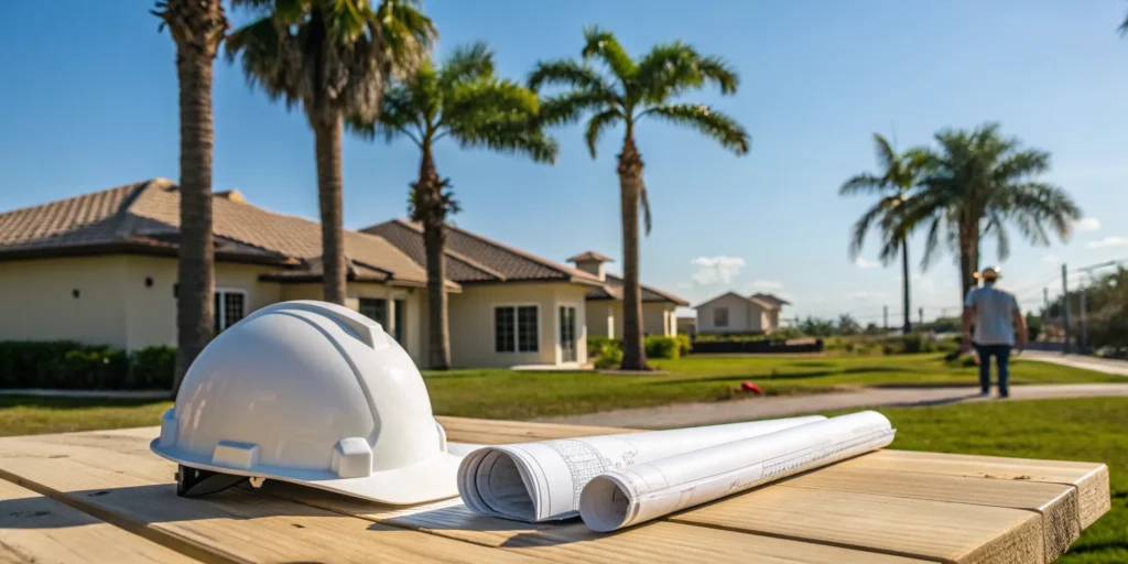 A building inspector's hard hat and blueprints for 40 year recertification services.