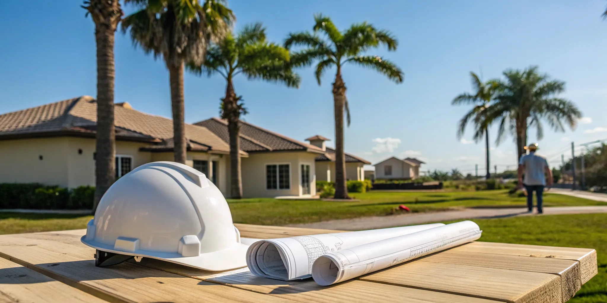 A building inspector's hard hat and blueprints for 40 year recertification services.