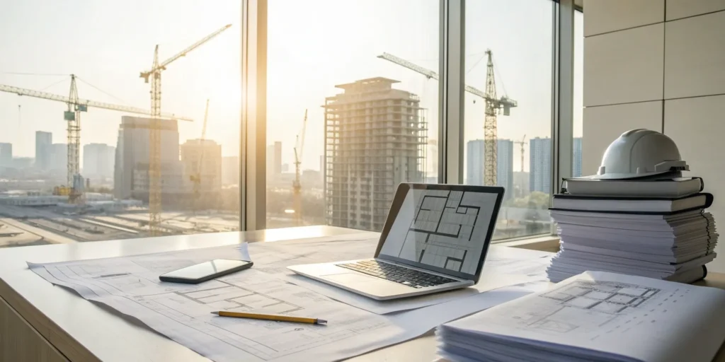 Laptop, blueprints, and a hard hat on a desk for speeding up a home building permit application.