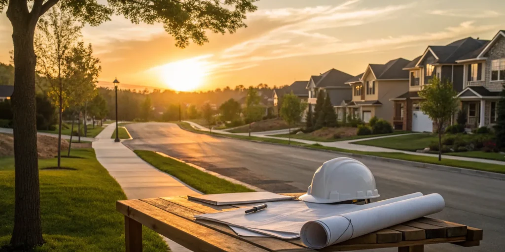Construction plans and a hard hat on a table considering how long a conditional use permit lasts.
