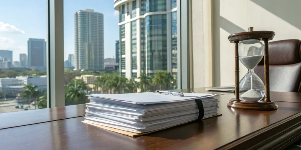 An hourglass sits beside a stack of conditional use permit application documents.