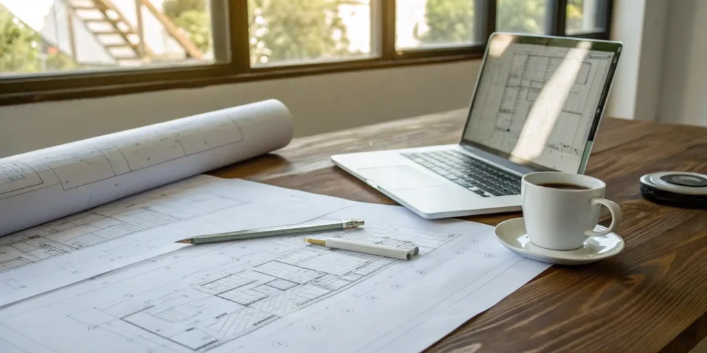 Calculating the cost of a permit expediter with architectural blueprints and a laptop.