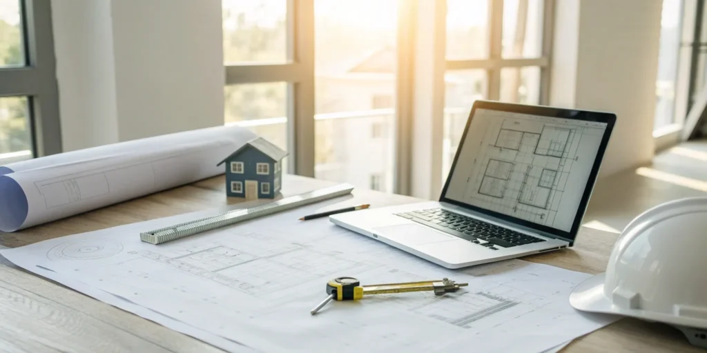 Blueprints and a hard hat on a desk to calculate the cost of a commercial permit expediter.