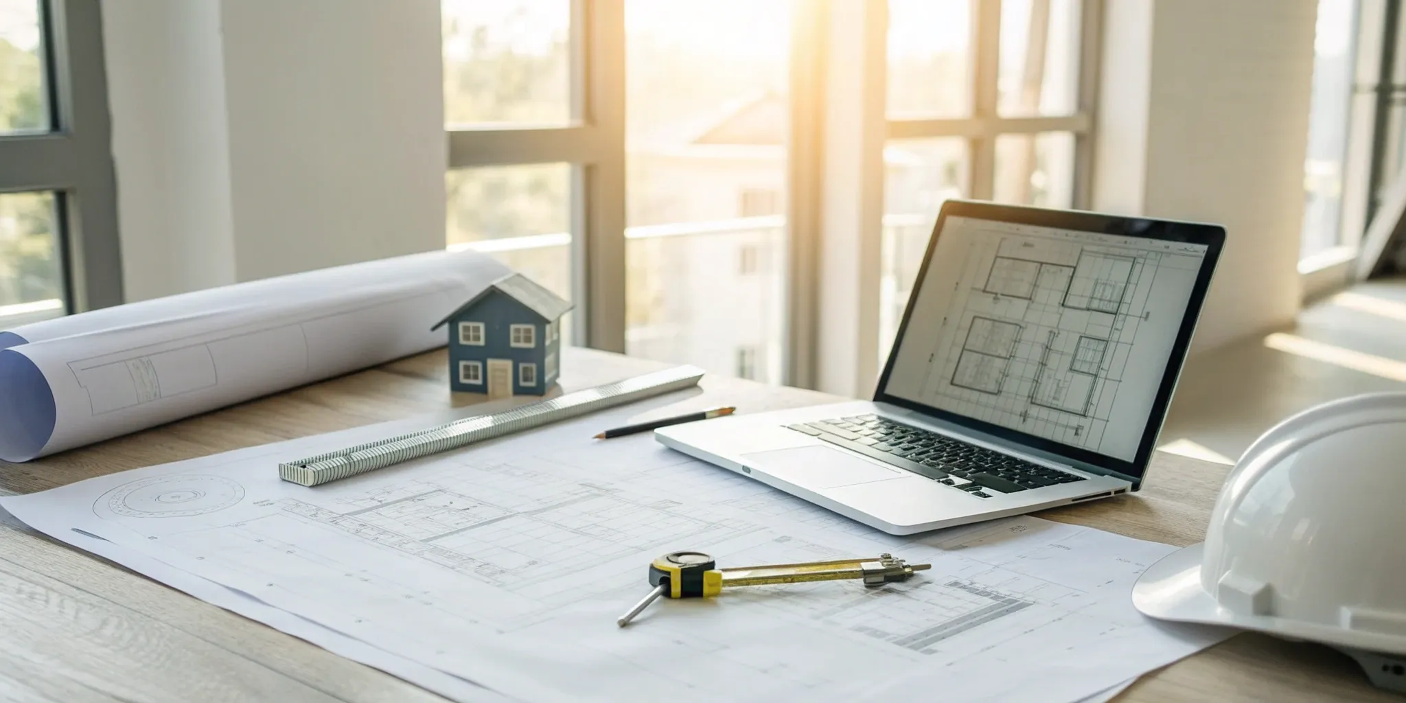 Blueprints and a hard hat on a desk to calculate the cost of a commercial permit expediter.