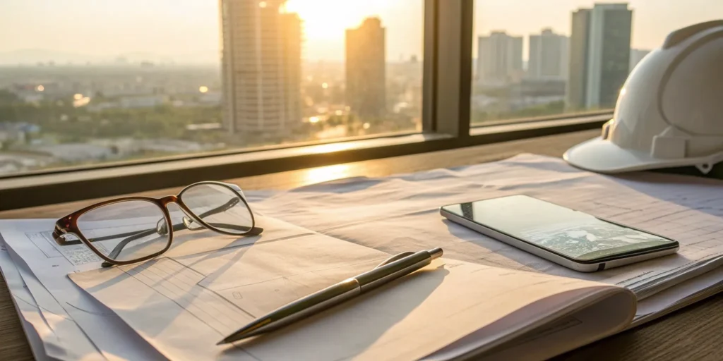 Blueprints and a hard hat on a desk for calculating how much a permit runner costs in Florida.