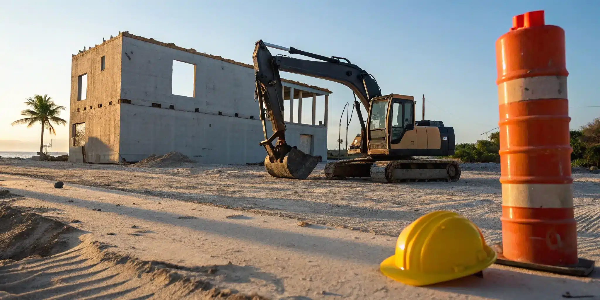 Excavator at a demolition site, a project requiring an application for a demolition permit.