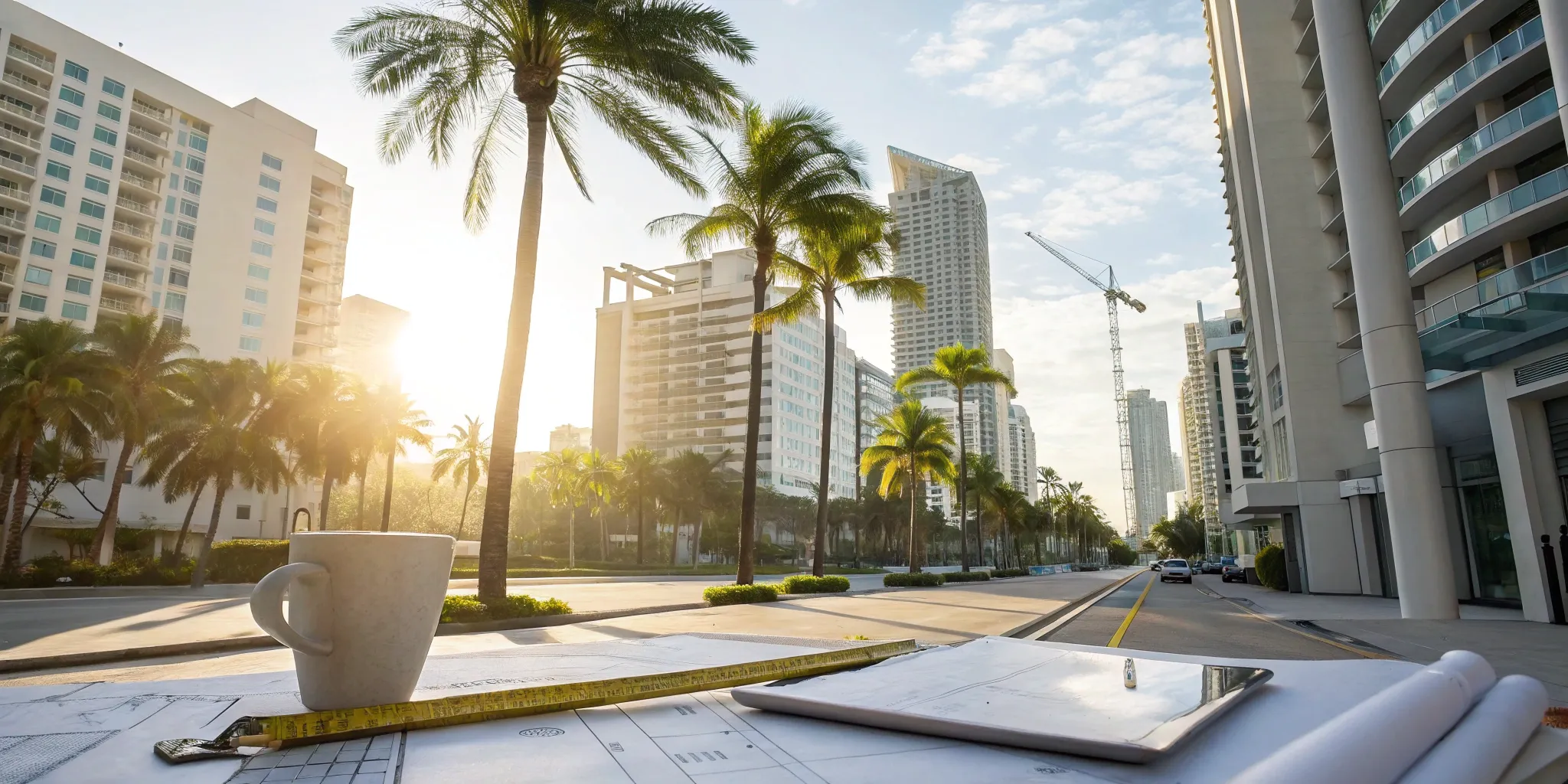 City of Miami skyline with Certificate of Use application documents on a table.
