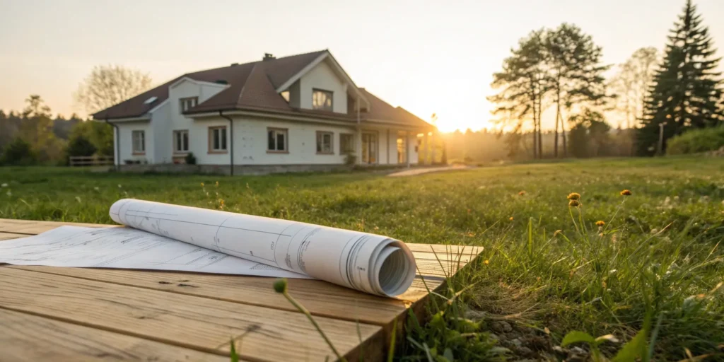 Zoning plans and land use permit blueprints on a table for a new house project.
