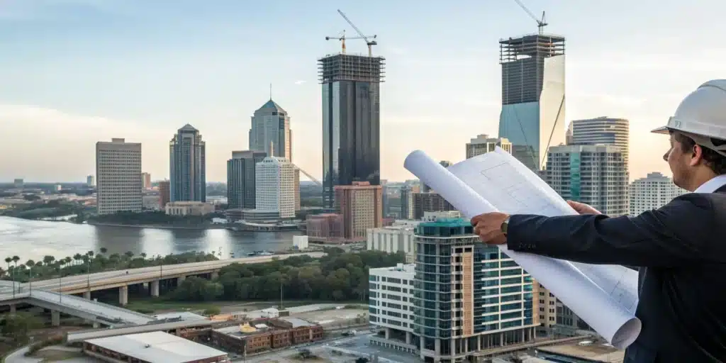 Jacksonville contractor managing building permits by reviewing construction blueprints.