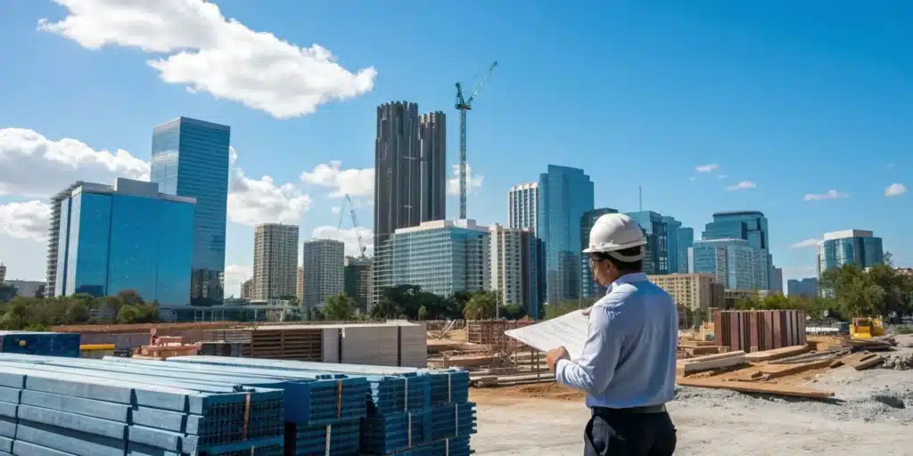 Construction permit services in Orlando for a contractor reviewing blueprints at a job site.