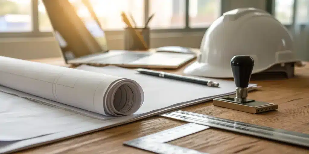 A building permit inspection card on a desk with construction plans and a hard hat.
