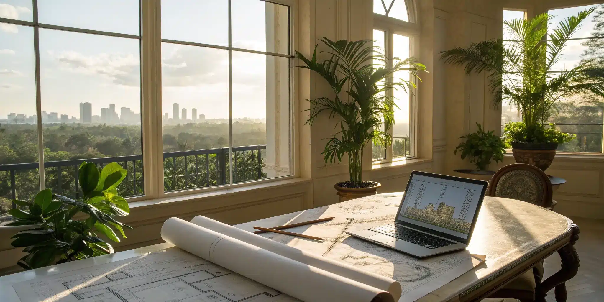 Architectural plans on an office desk showing Florida certificate of use requirements.