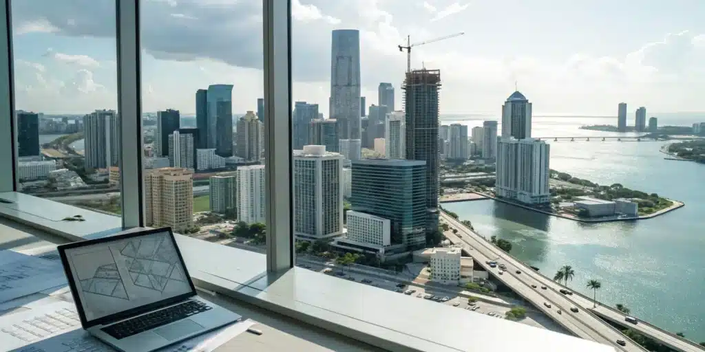Searching for a Miami-Dade County certificate of use on a laptop in an office overlooking the city.