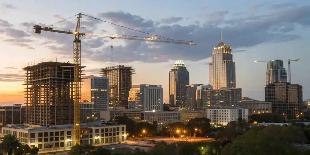 Commercial buildings under construction in Orlando requiring expert commercial permit services.