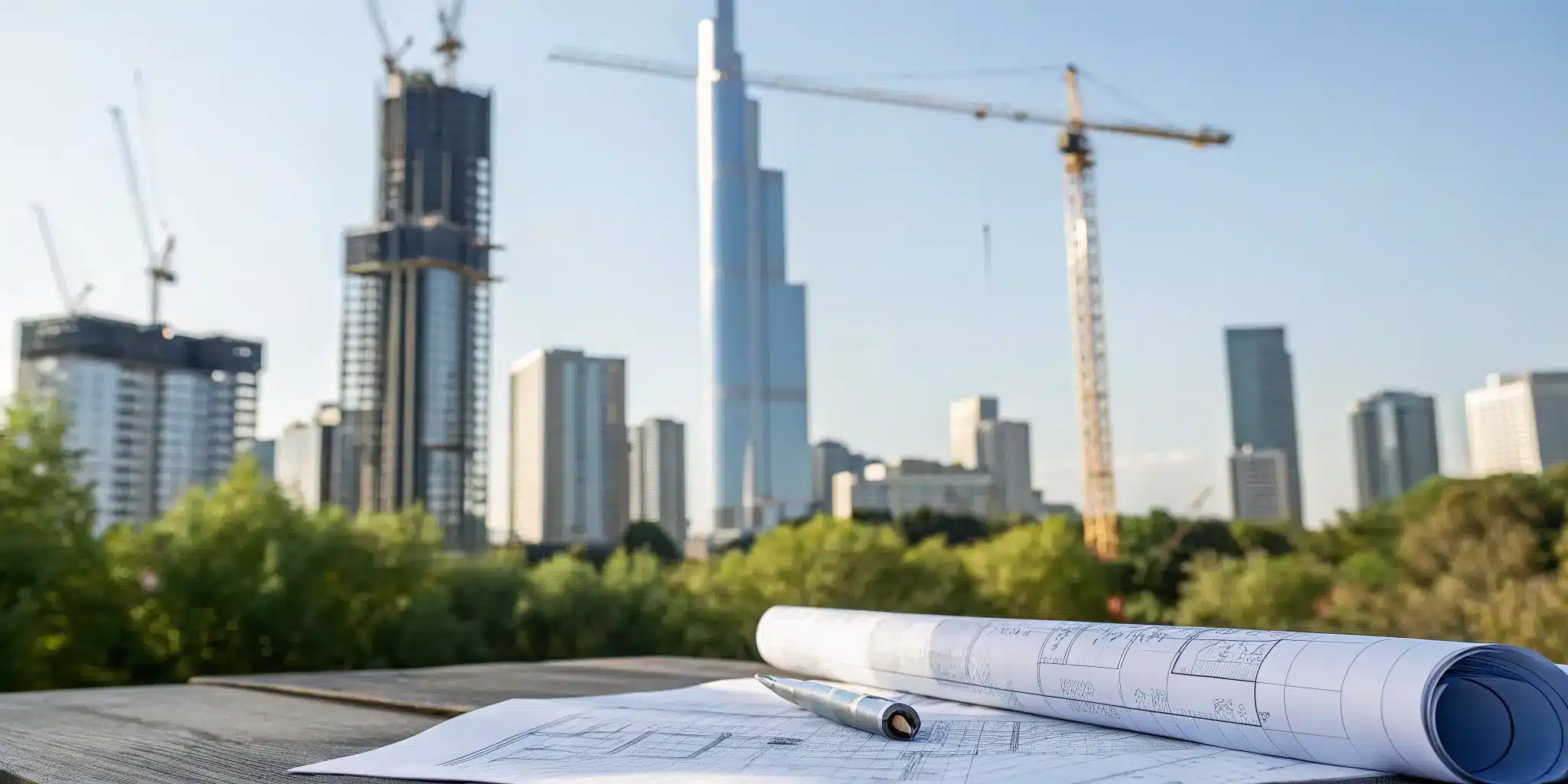 Blueprints for a conditional use permit vs a special use permit on a desk overlooking a city under construction.