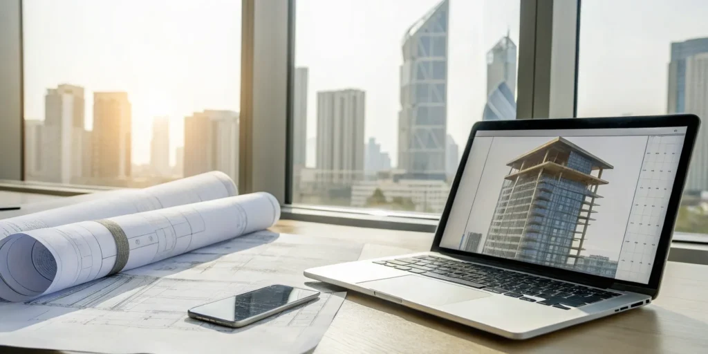 Calculating the cost to expedite a building permit using architectural plans on a desk.