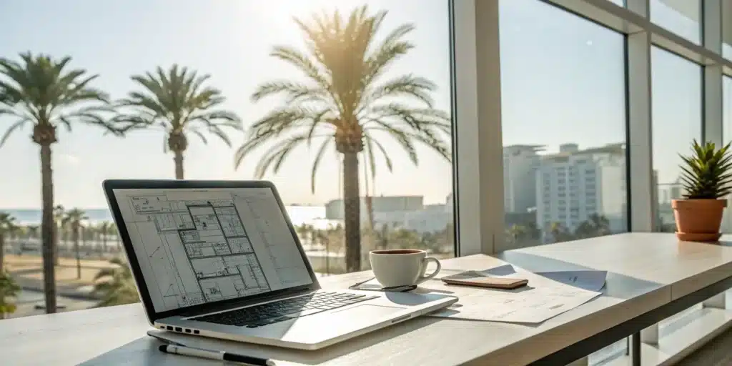 Laptop with building plans for a Florida certificate of use online application.