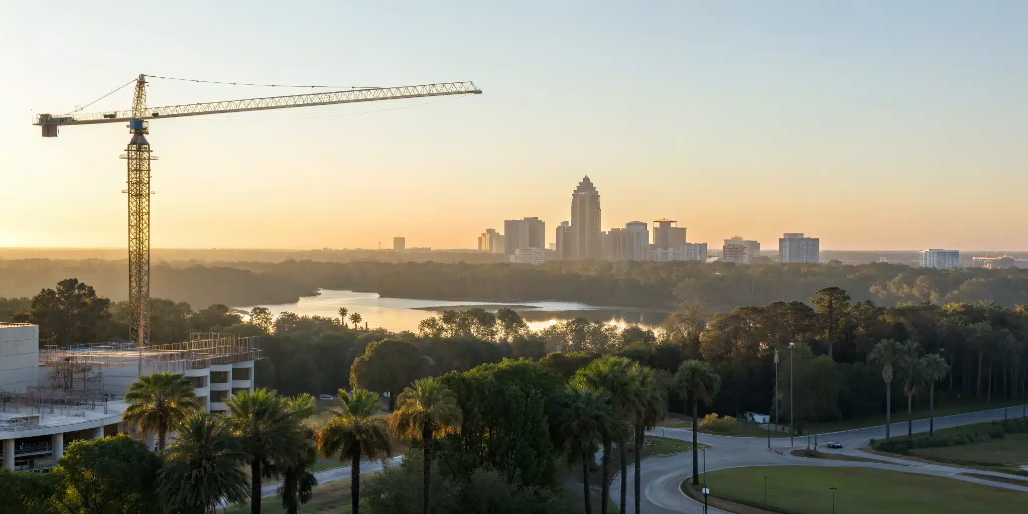 Construction crane over the Orlando skyline, a sign of progress with fast building permits.