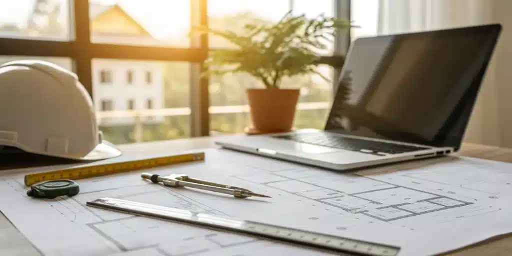 Architectural plans, a laptop, and a hard hat on a desk for securing fast building permits.