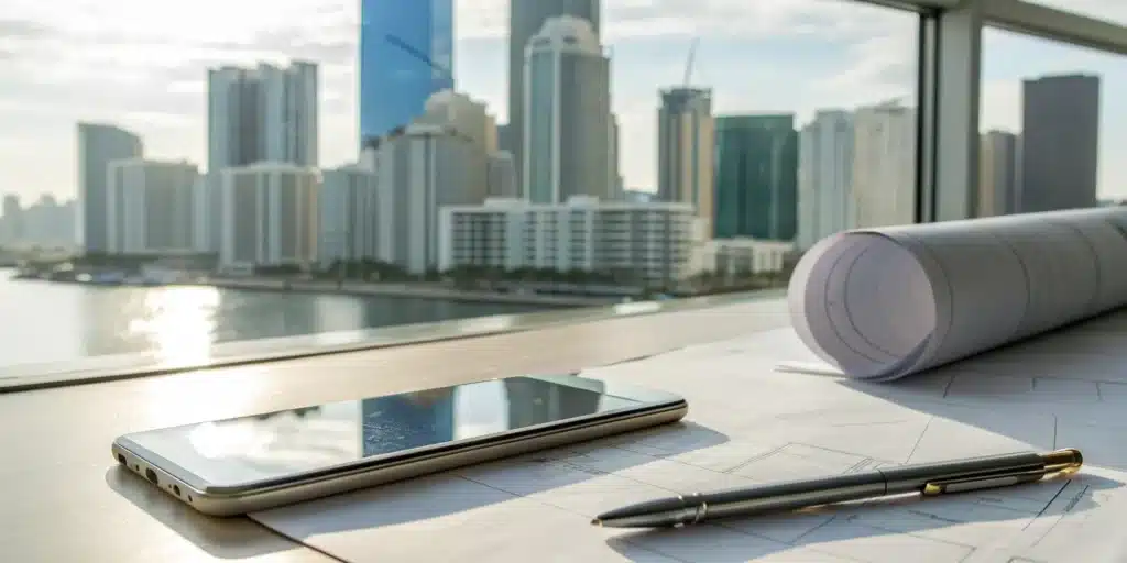 A phone and documents on a desk for a call about a City of Miami certificate of use.