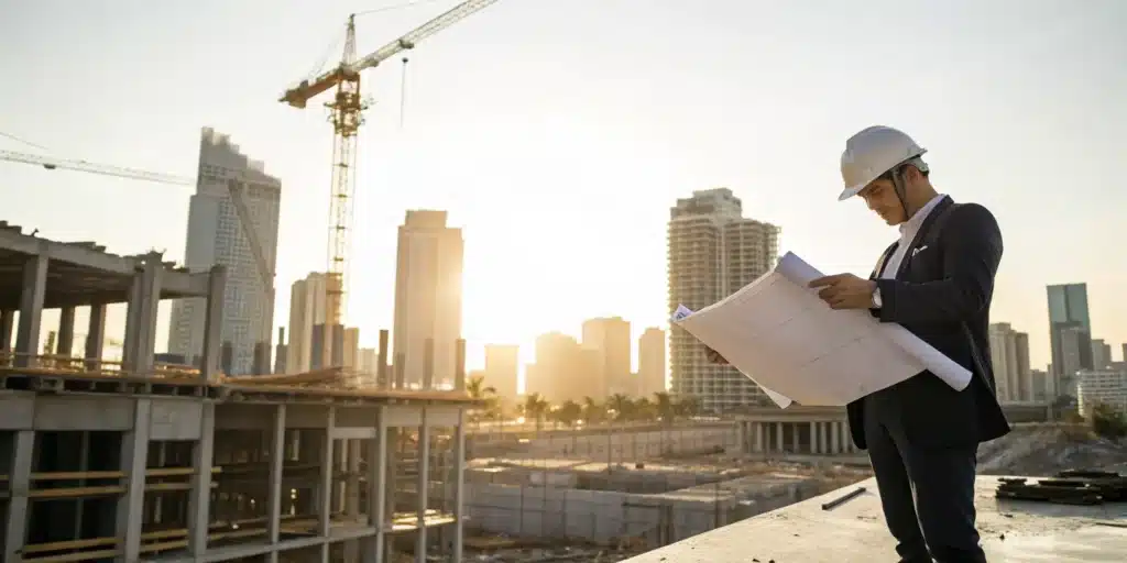 Commercial permit expediter in Florida reviews project blueprints at a construction site.