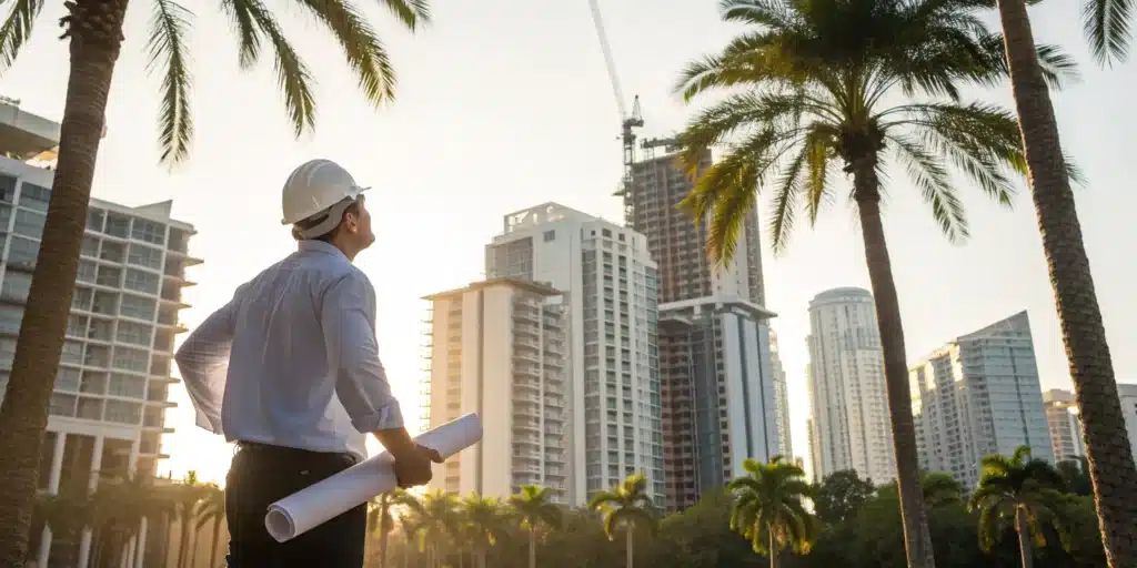 Florida building permit expediter reviewing blueprints on a construction site.