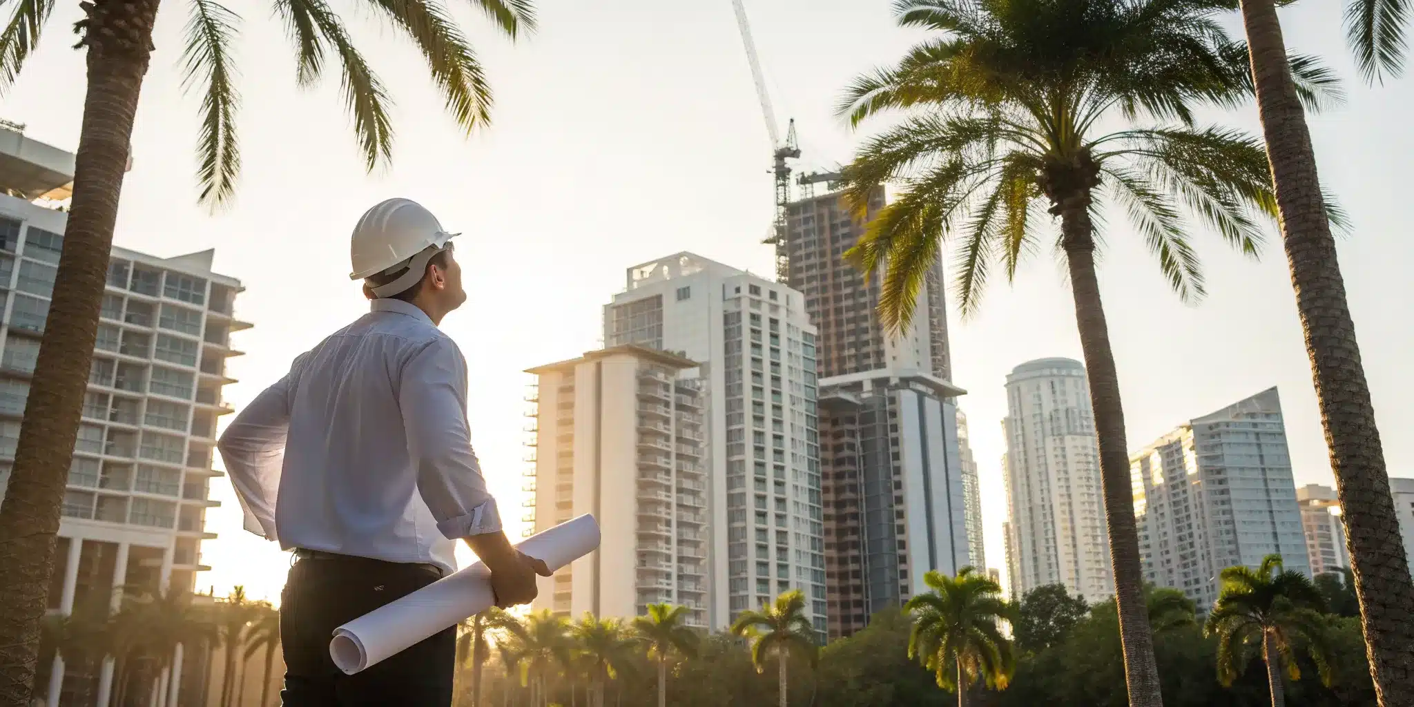 Florida building permit expediter reviewing blueprints on a construction site.