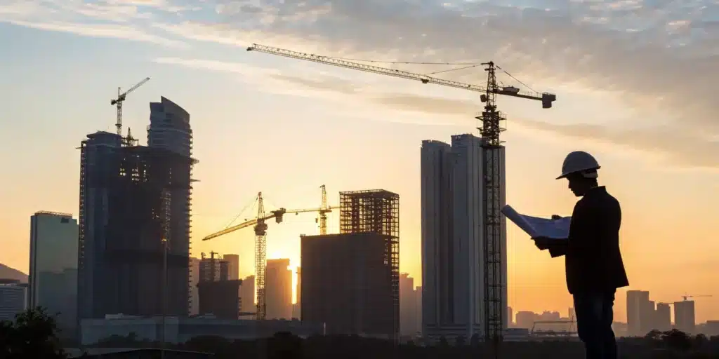 A Florida commercial permit expediter reviewing plans at a building site with cranes.
