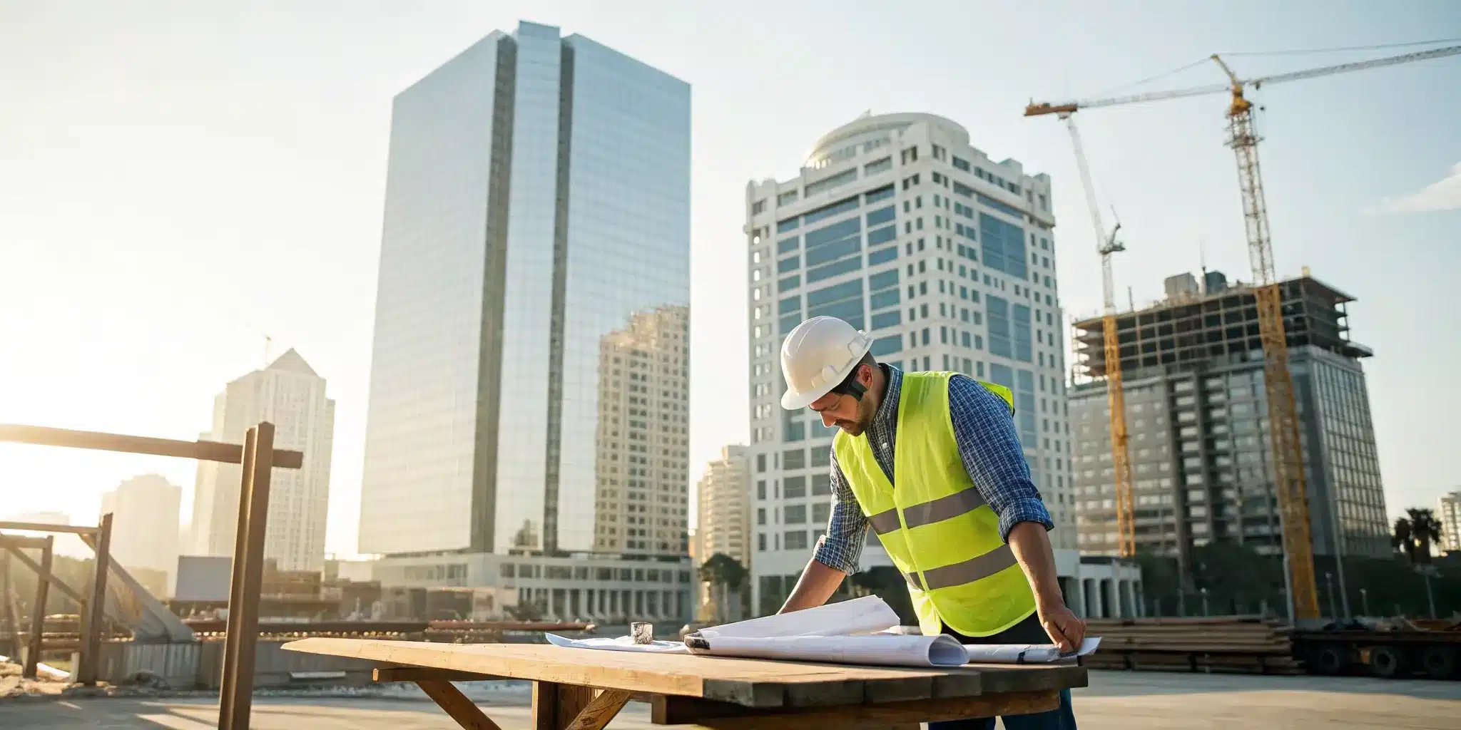 Manager reviewing building inspection plans for a construction project in Orlando.