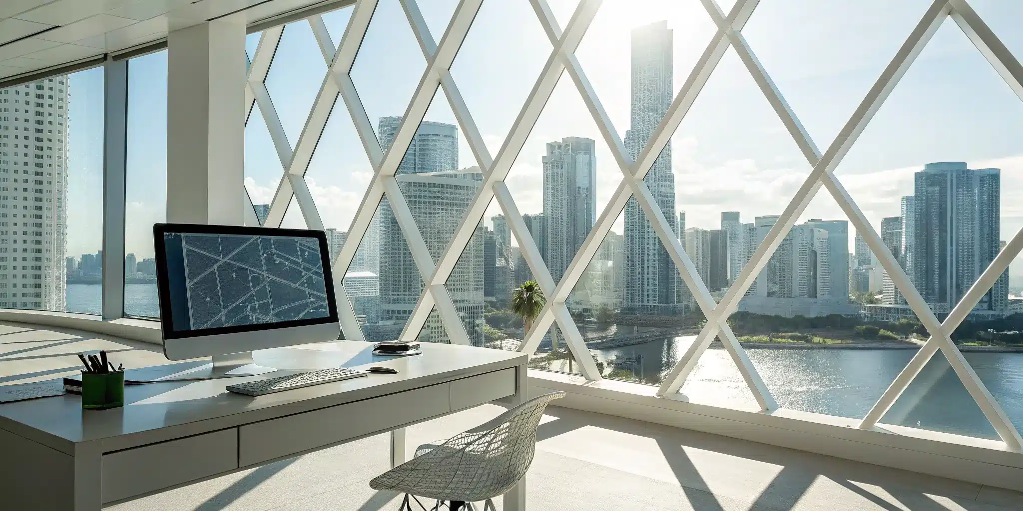 A computer open to the Miami-Dade building permit portal in an office overlooking the city skyline.