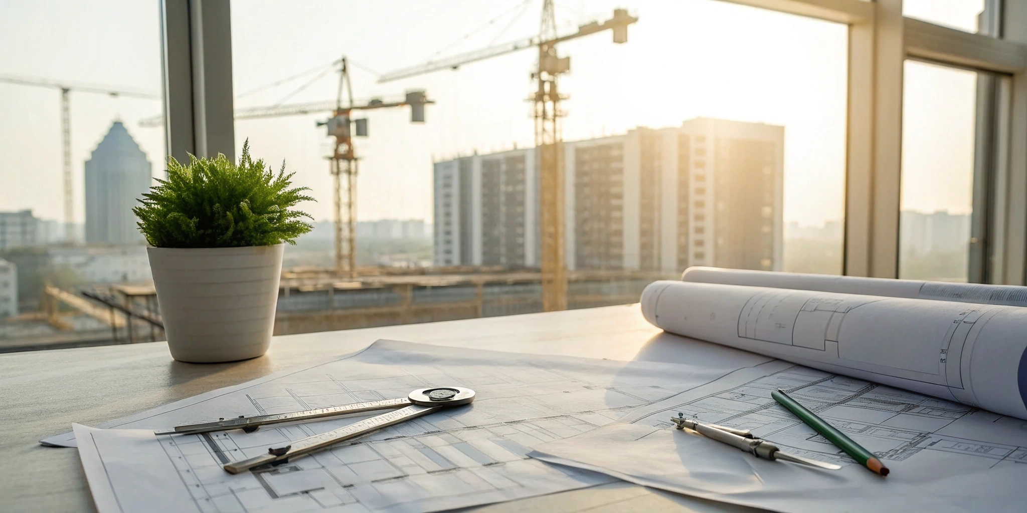 Architectural blueprints for a building permit on a desk with construction cranes outside.