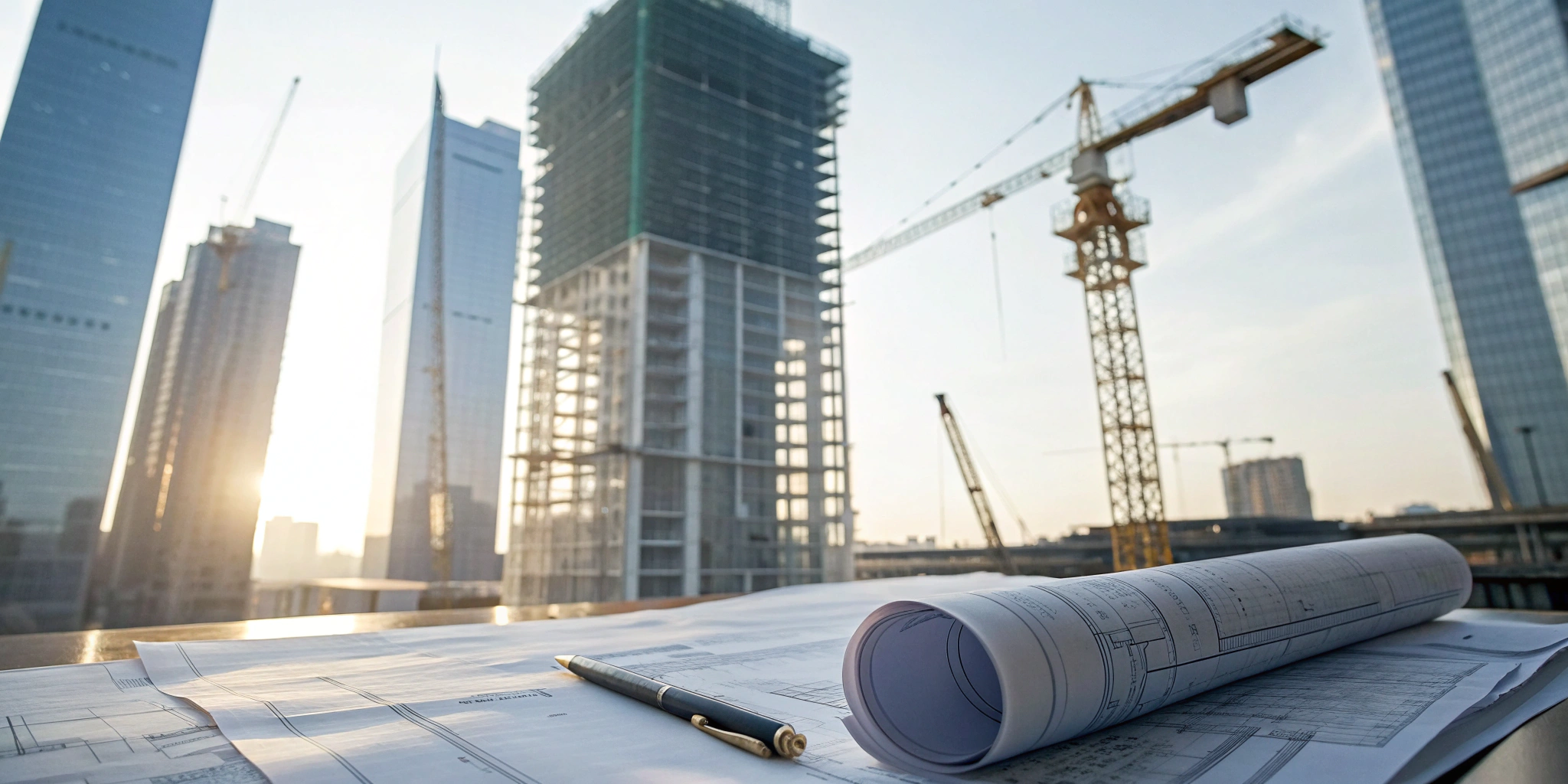 Blueprints for commercial permits on a table at a construction site.