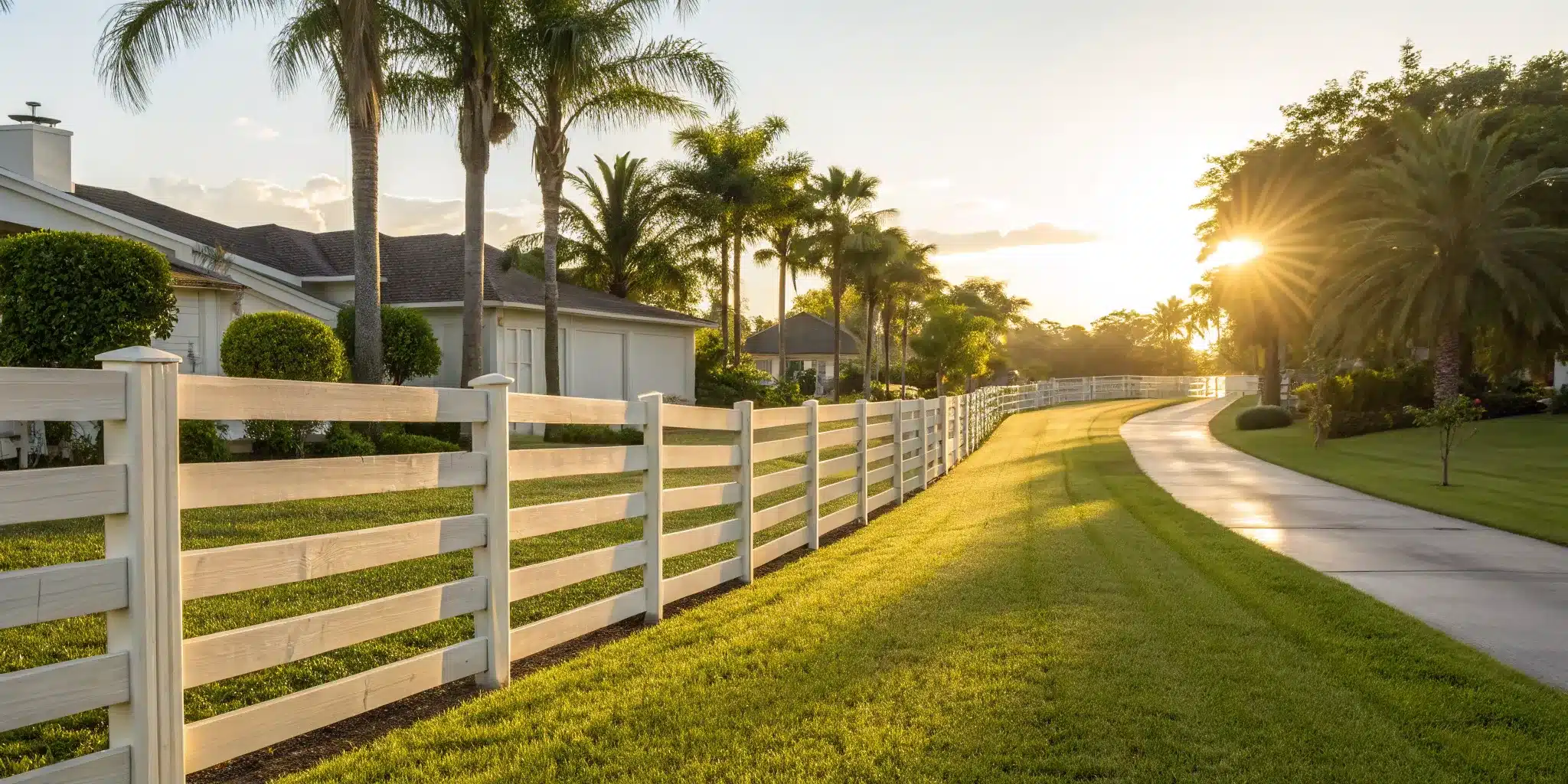 A white residential fence in Florida with palm trees, built after securing a fence permit.