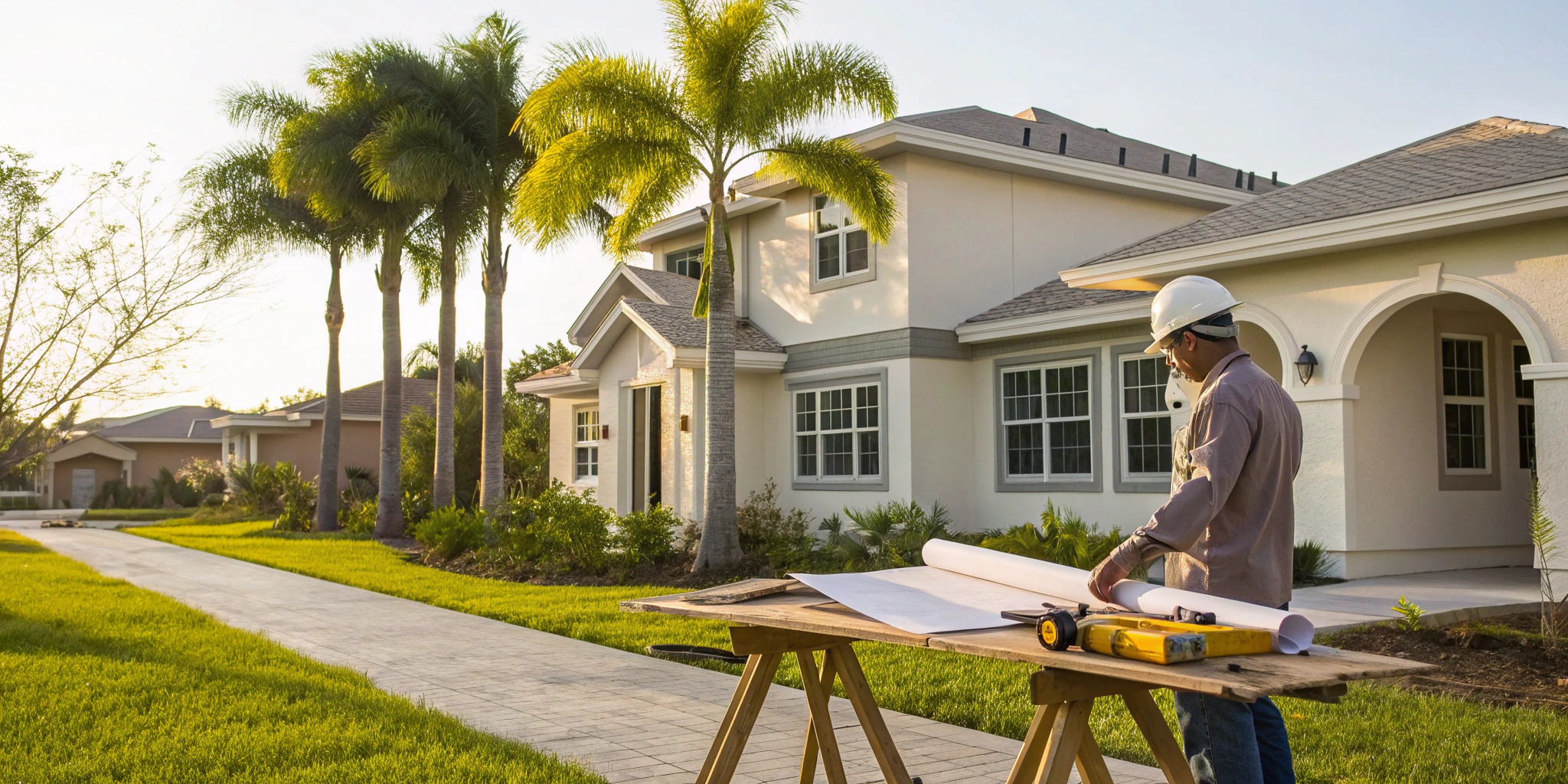 Contractor reviewing renovation permit plans for a Florida home.