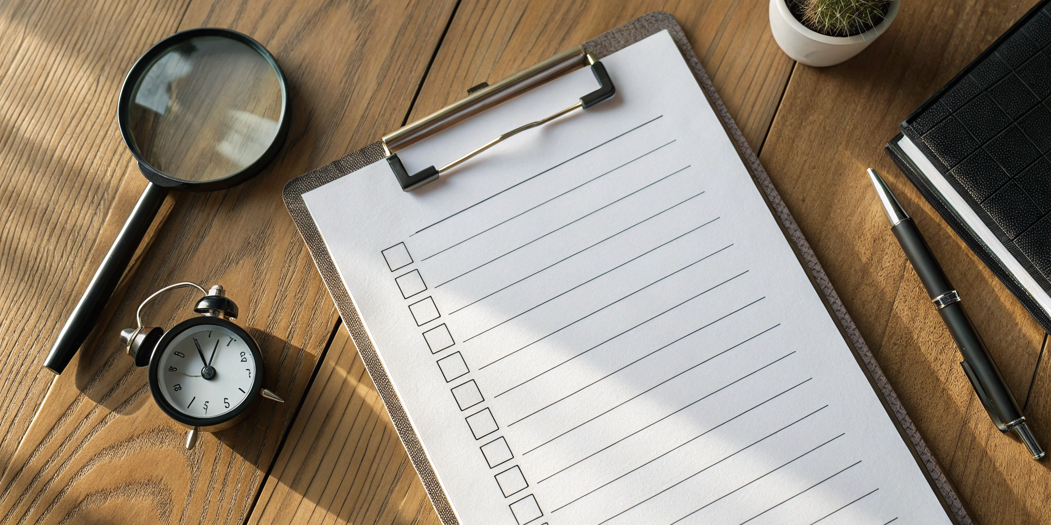A clipboard with an inspection checklist, pen, and magnifying glass.