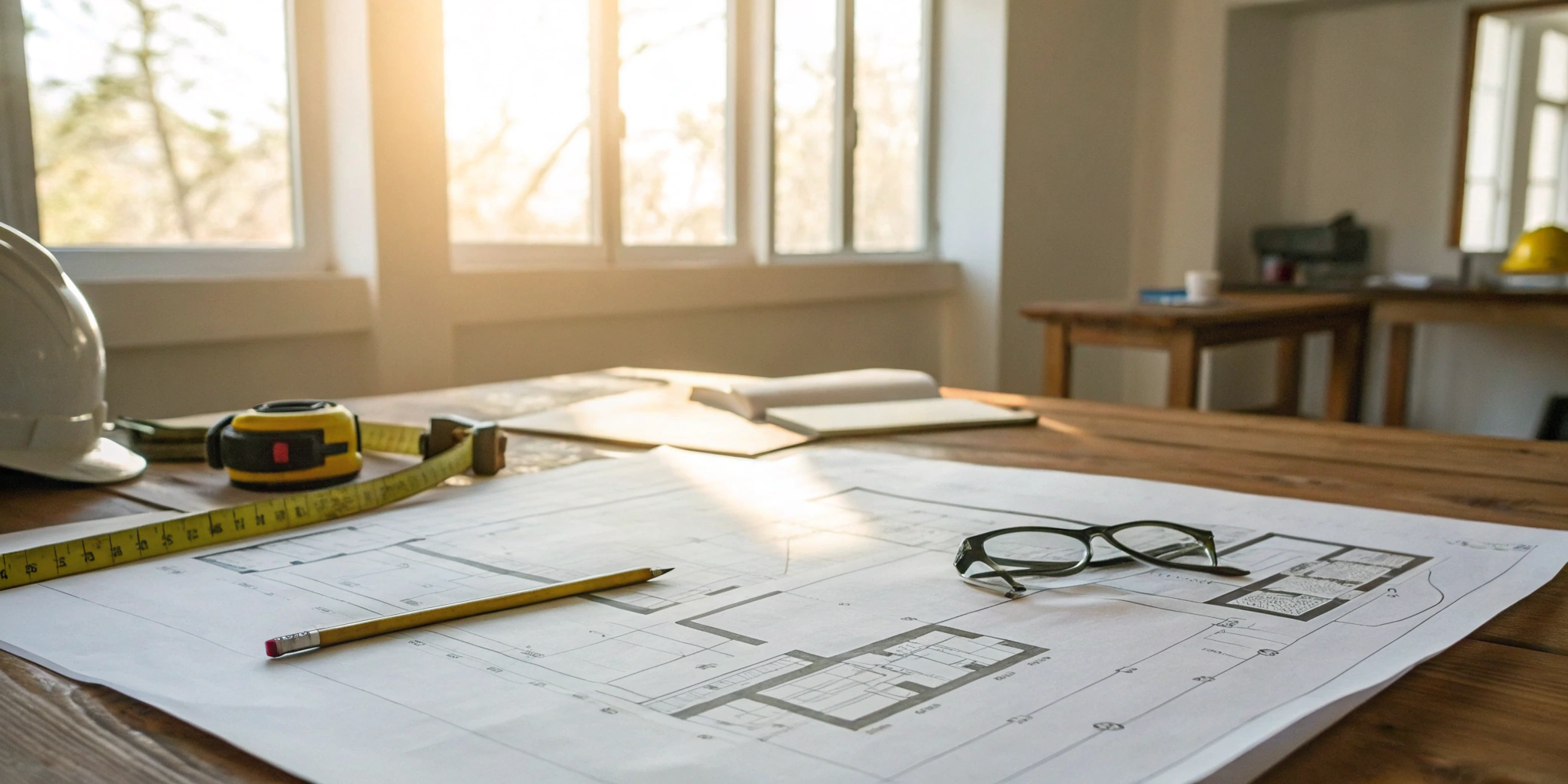 Preparing for an occupancy inspection with a hard hat and architectural plans.