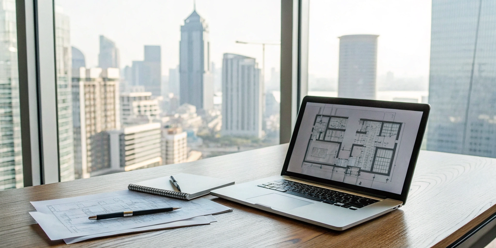 Laptop displaying permit management software with architectural plans on a desk.