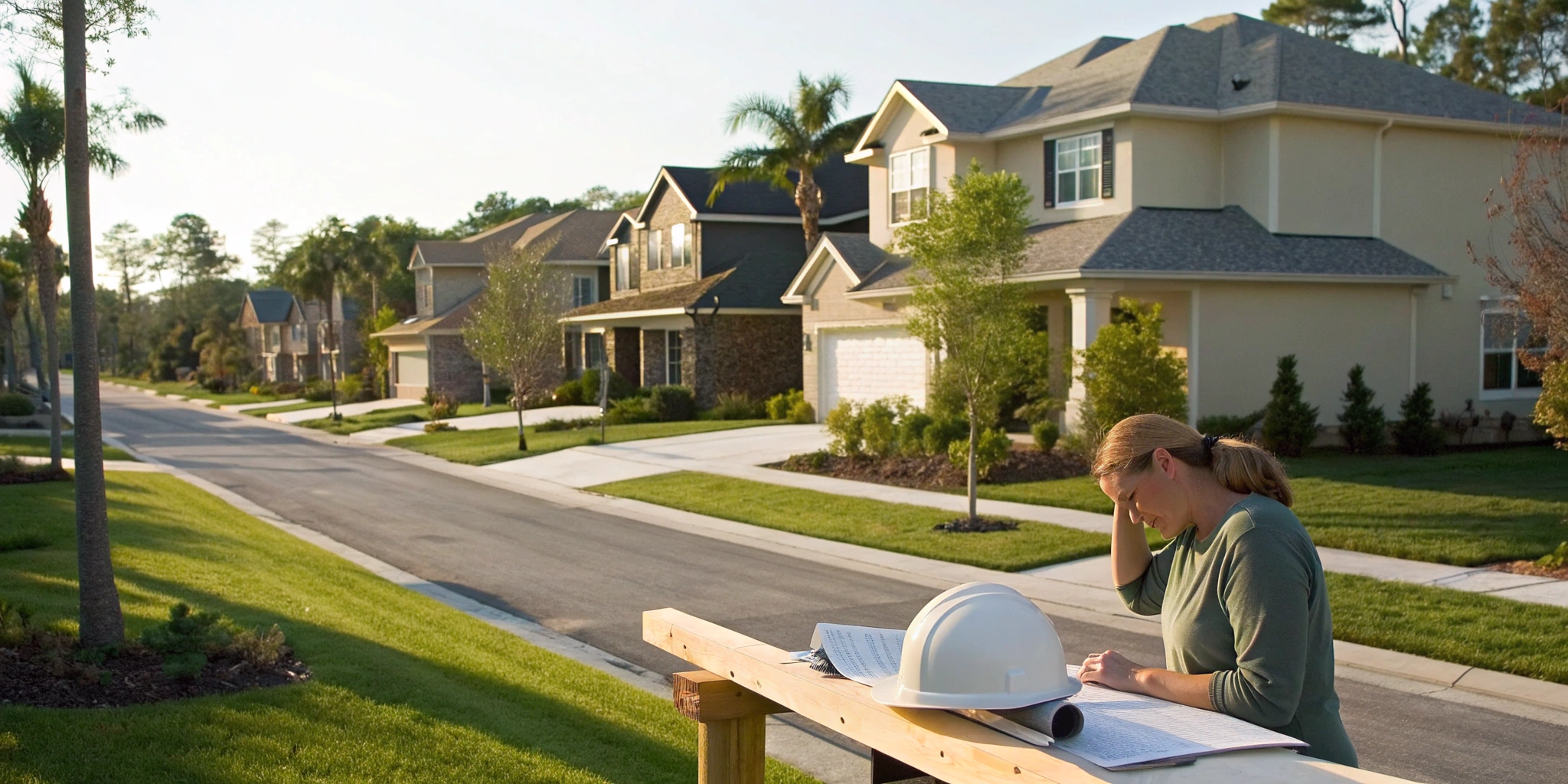 A woman reviews plans for a land use permit application next to a hard hat.