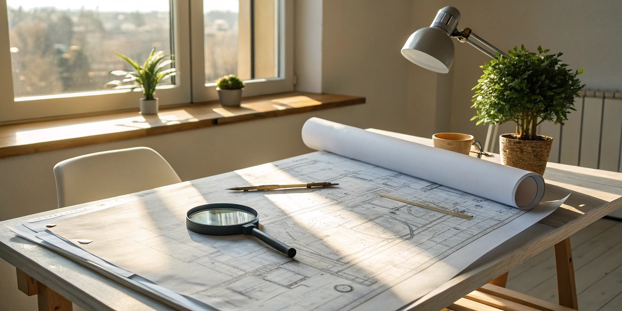 A detailed inspection of blueprints with a magnifying glass for a report.