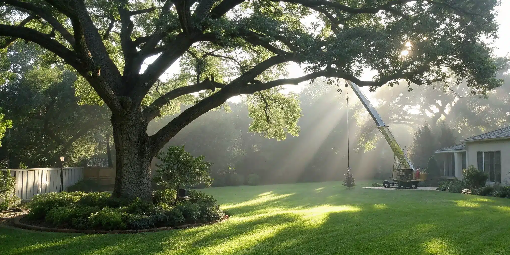Crane preparing for a permitted tree removal of a large tree in Florida.