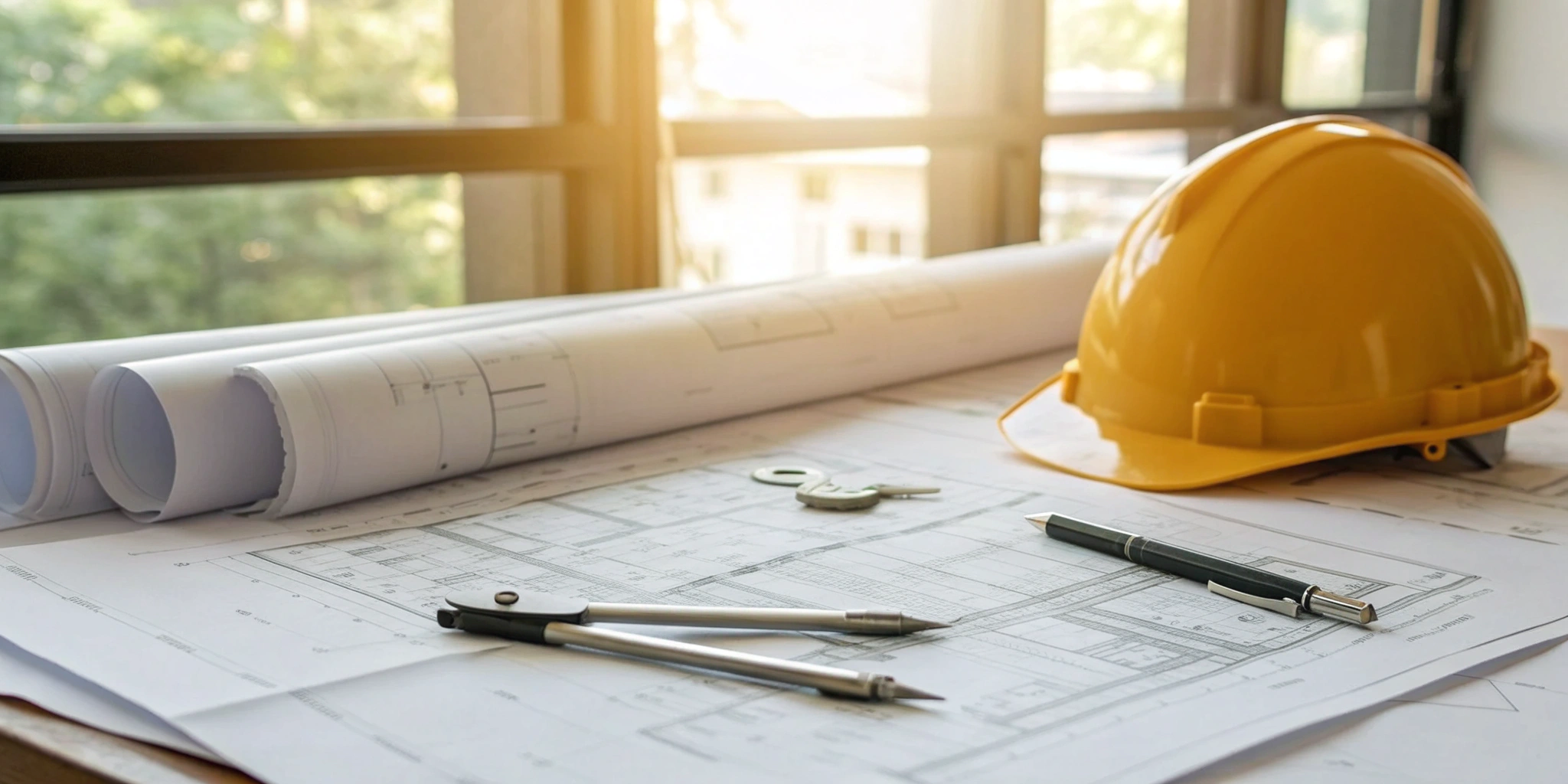 Permit plans and a hard hat on a desk for building permit approval.