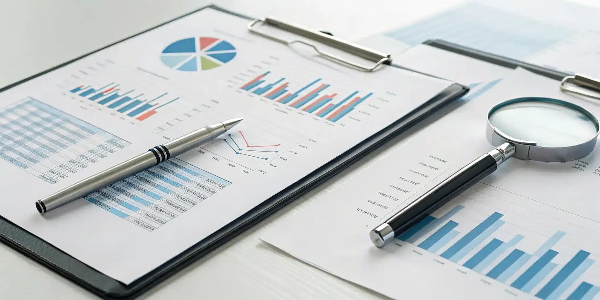 Analyzing property inspection results on a report with a magnifying glass.