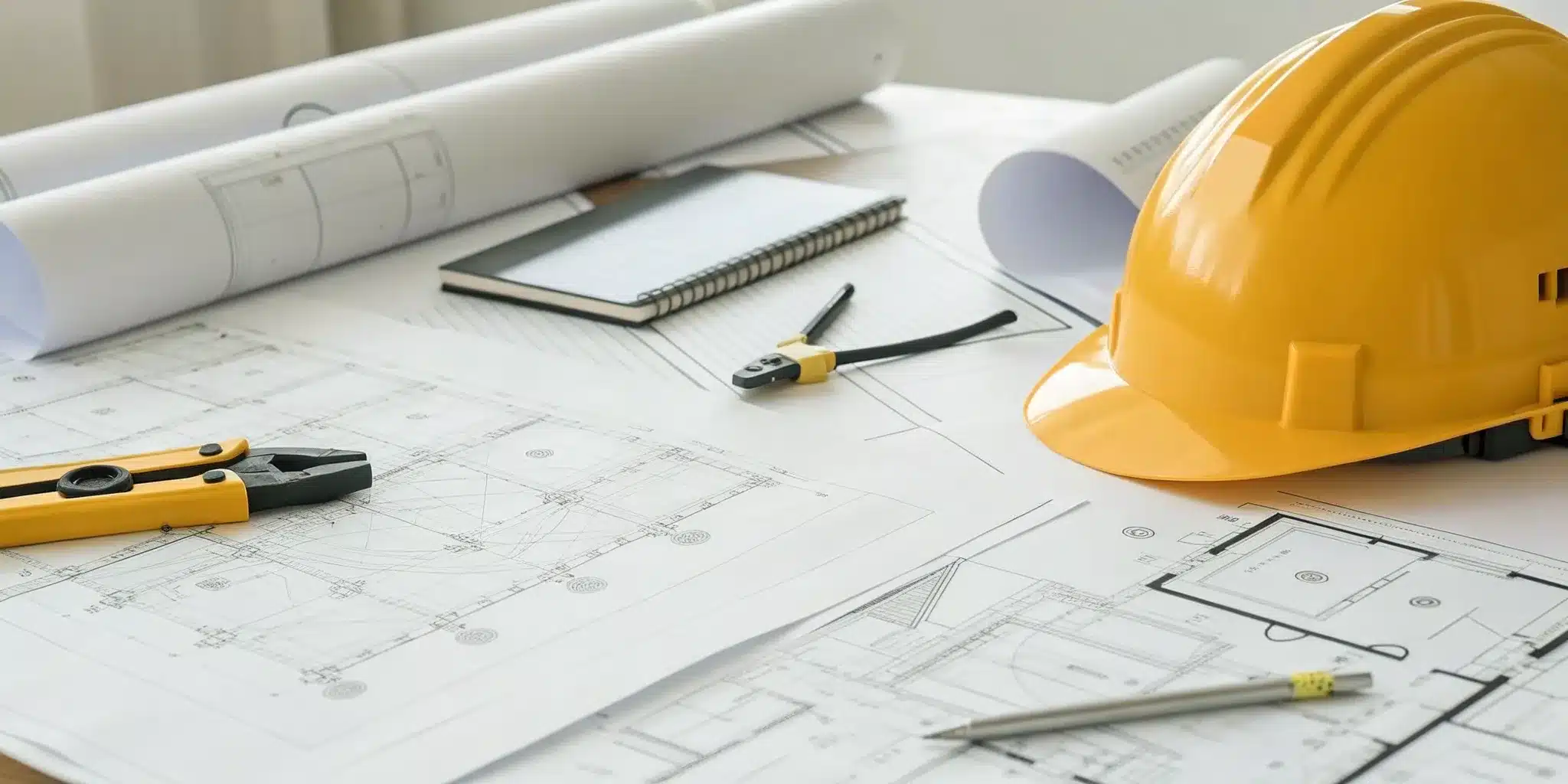 Blueprints for a low voltage permit in Florida with a hard hat and tools.