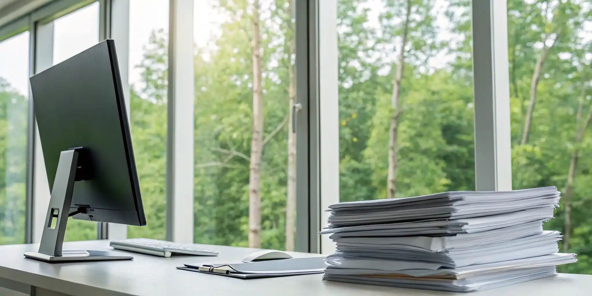 Desk with paperwork for a Florida tree permit application overlooking green trees.