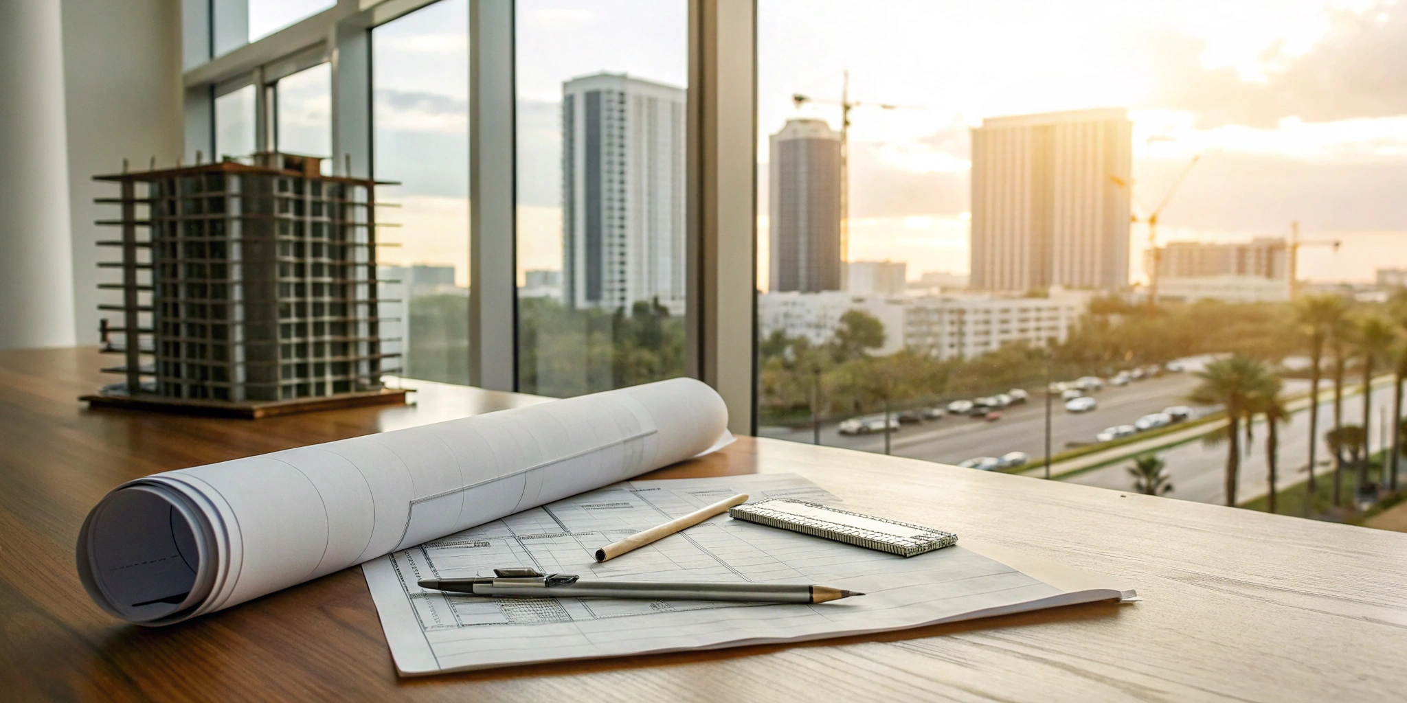 Architectural blueprints and a building model for a Florida occupancy certificate.