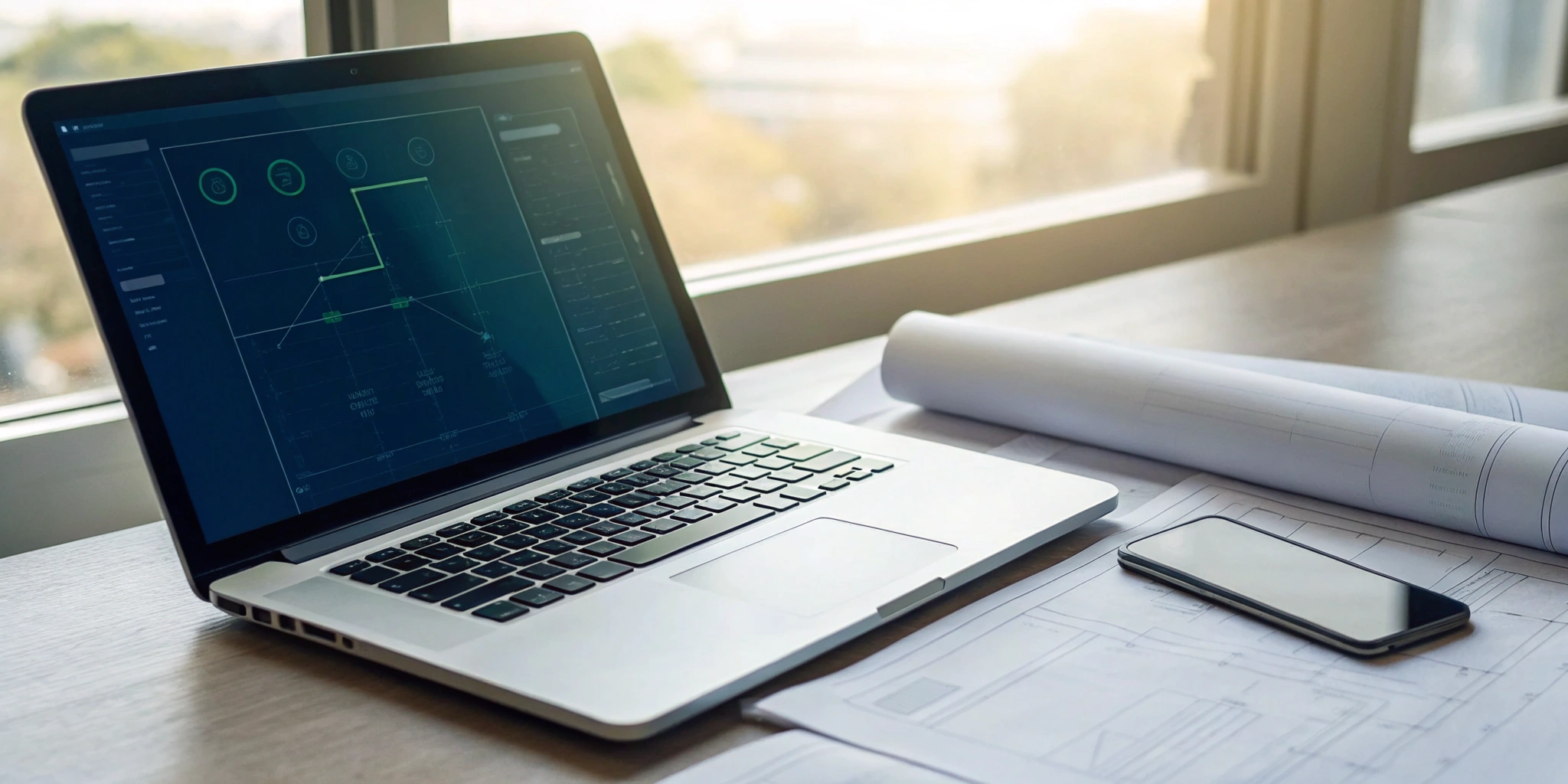 Laptop showing an online permit portal application next to construction blueprints.