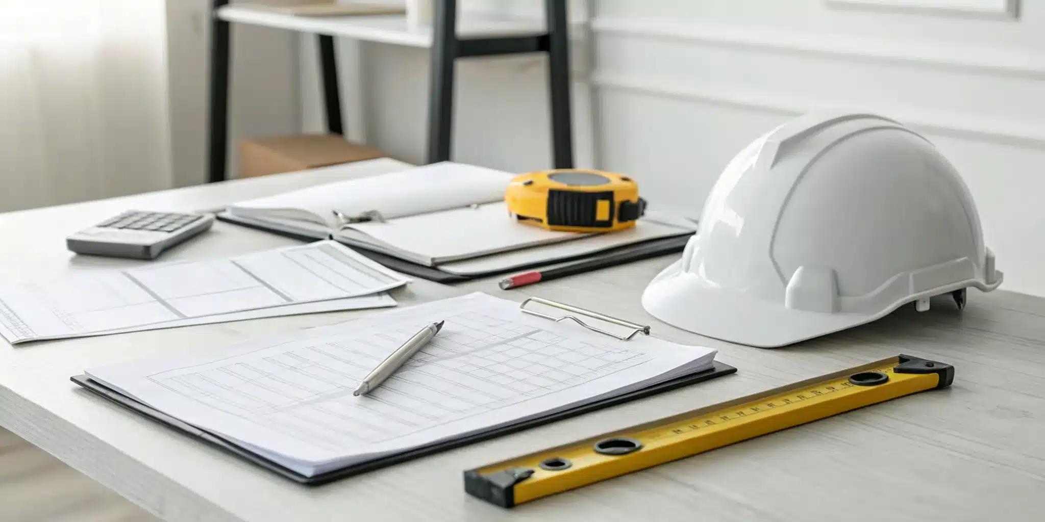 A desk showing the manual tools and paperwork involved in inspection management.